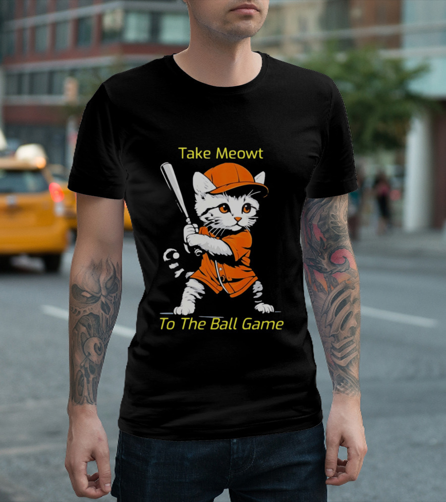 Take Meowt To The Ball Game Baseball Cat In Orange Uniform With Bat T-Shirt