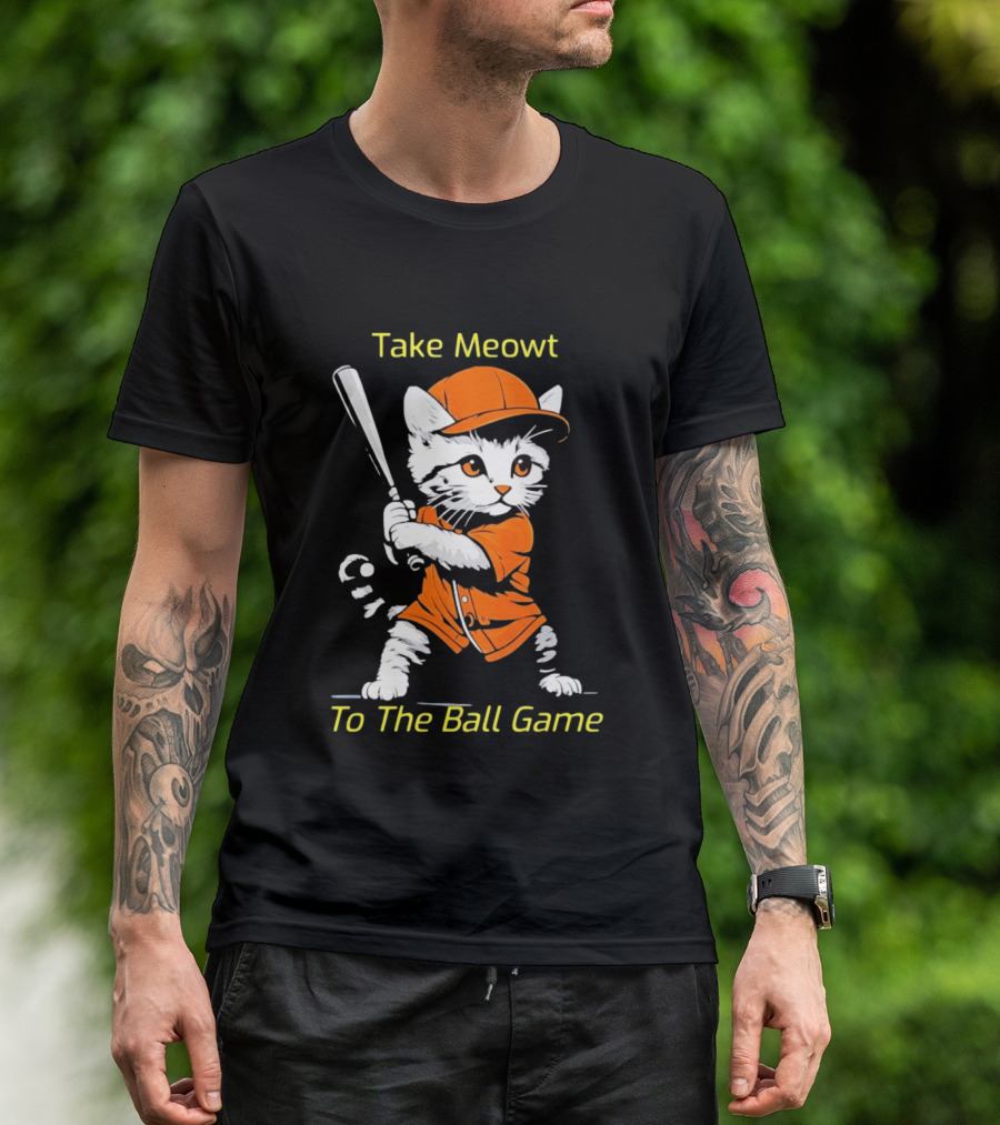 Take Meowt To The Ball Game Baseball Cat In Orange Uniform With Bat T-Shirt