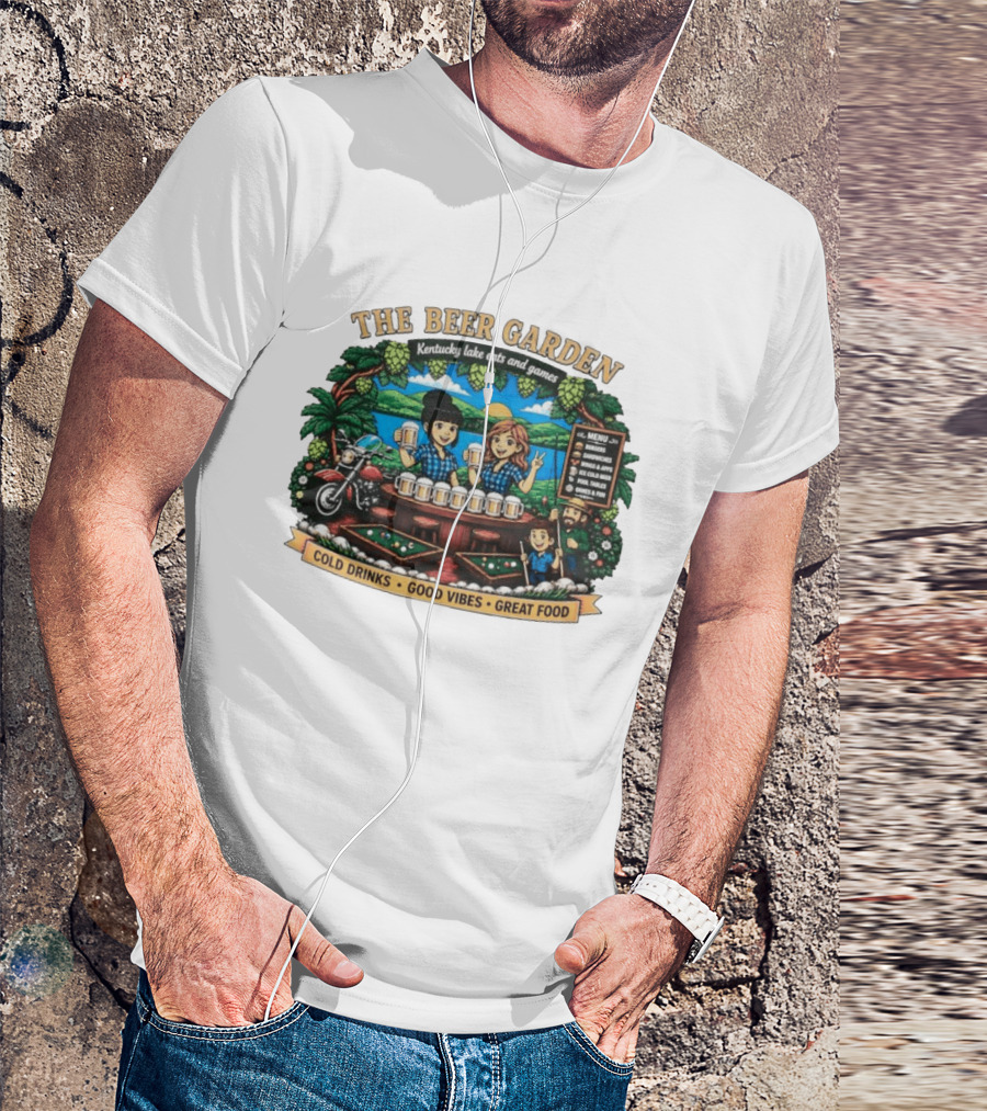 The Beer Garden Kentucky Lake Eats And Games Cold Drinks Good Vibes Great Food Burgers Sandwiches Wings Apps Relaxing Pool Tables Fun T-Shirt