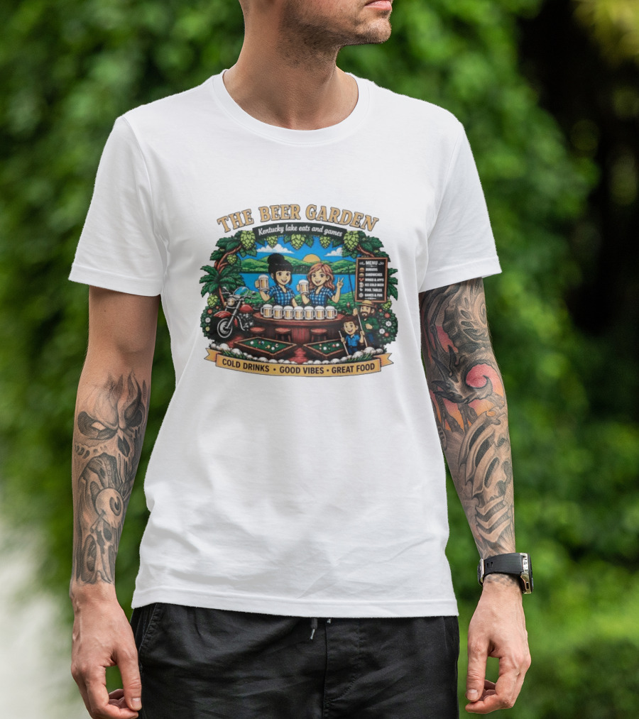 The Beer Garden Kentucky Lake Eats And Games Cold Drinks Good Vibes Great Food Burgers Sandwiches Wings Apps Relaxing Pool Tables Fun T-Shirt