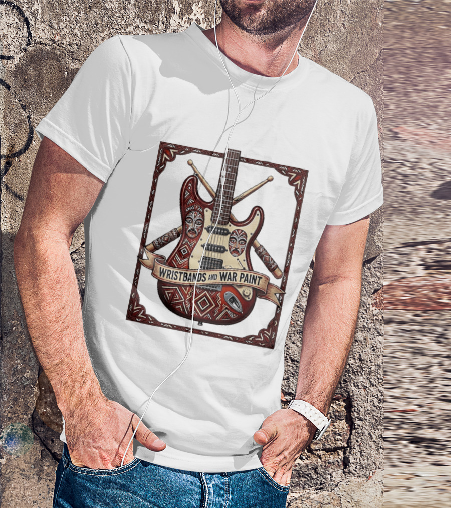 Wristbands And War Paint Electric Guitar Tribal Mask T-Shirt