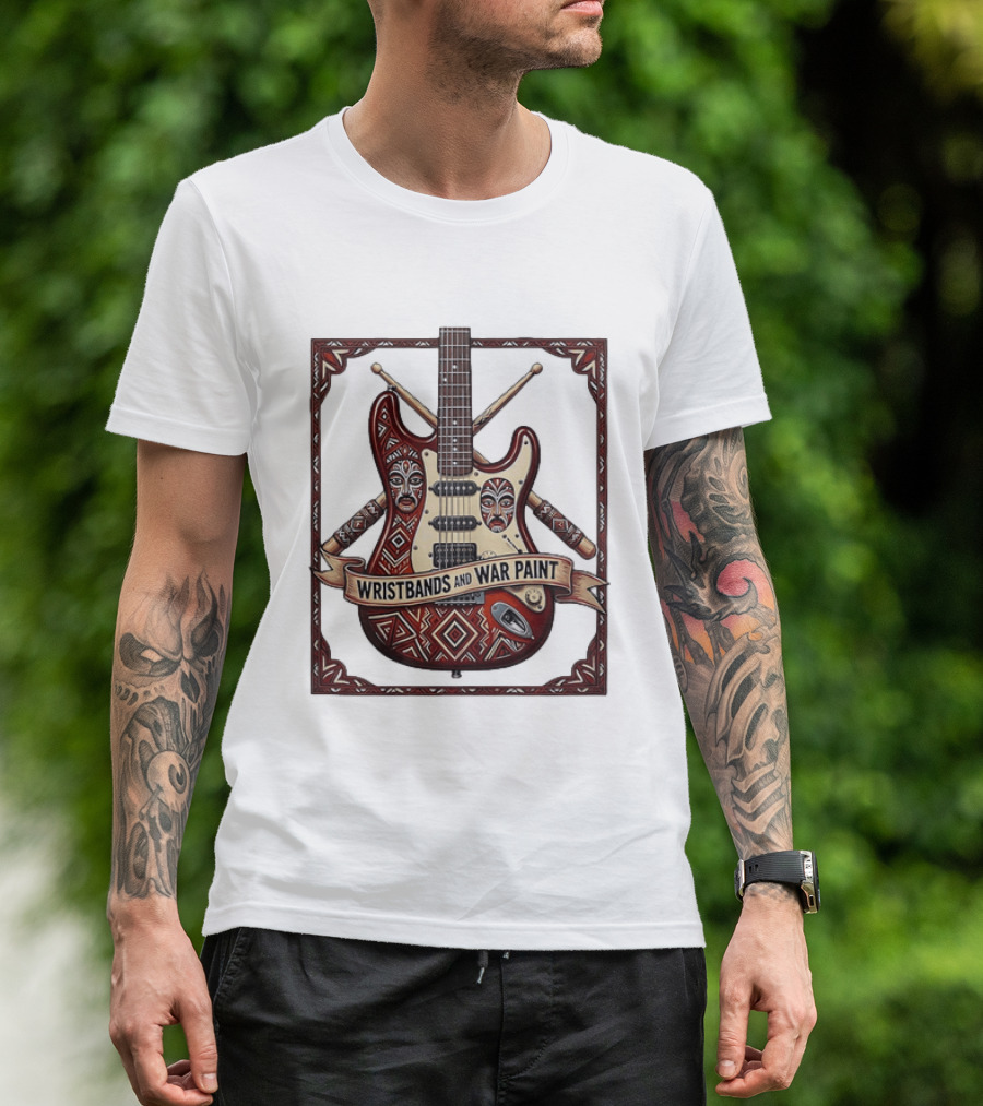 Wristbands And War Paint Electric Guitar Tribal Mask T-Shirt