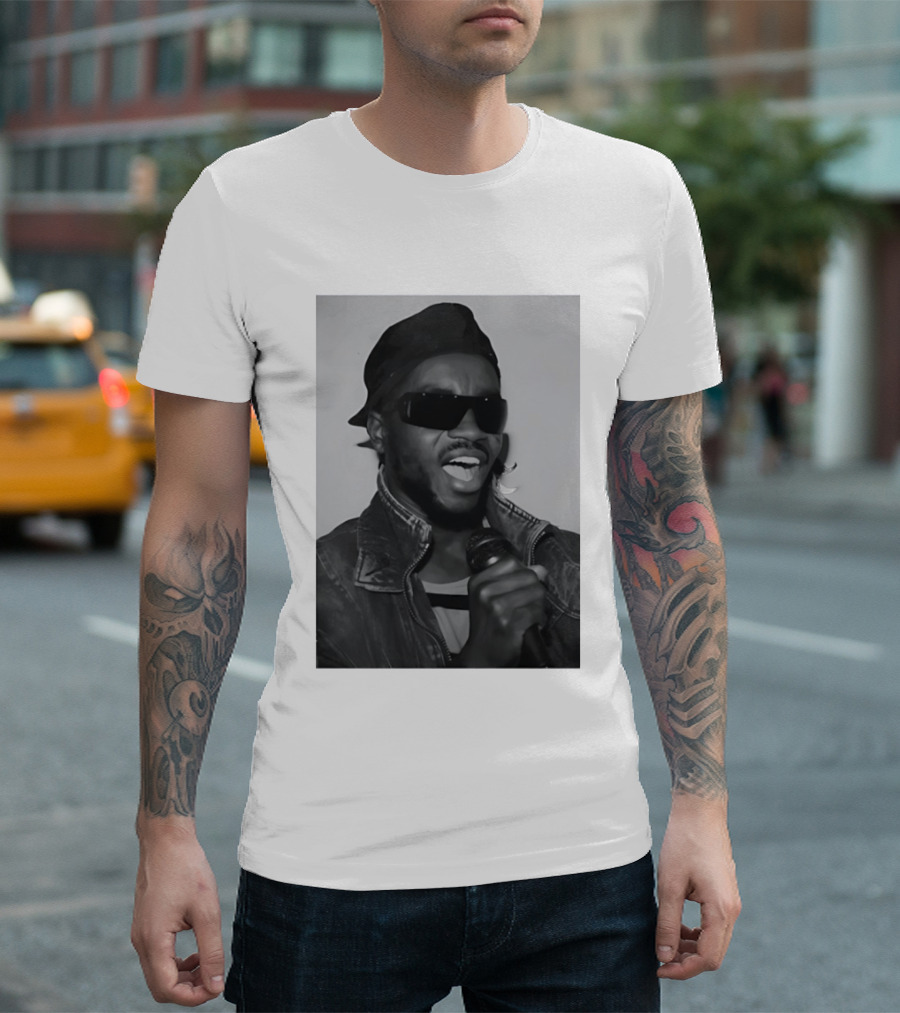 Ata Kak Iconic Ghanaian Musician Highlife Style Sunglasses Microphone Denim Jacket T-Shirt