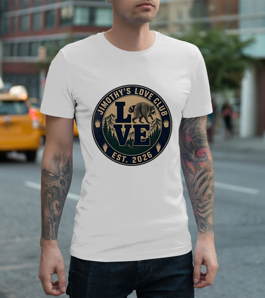 Jimothy's Love Club Raccoon Love Est 2026 Mountain Shield T-Shirt