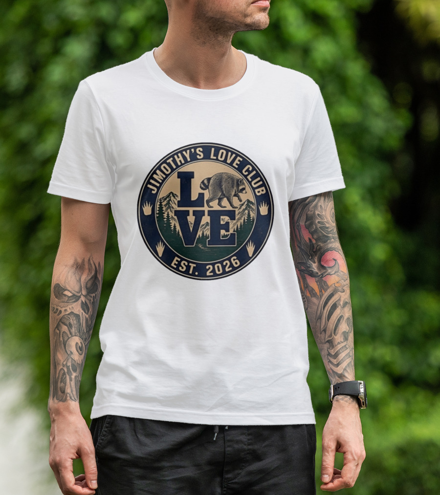 Jimothy's Love Club Raccoon Love Est 2026 Mountain Shield T-Shirt