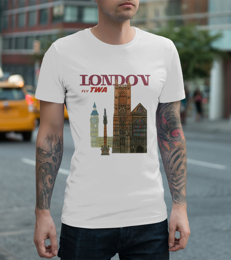London Fly TWA Travel Big Ben Westminster Abbey Landmark T-Shirt