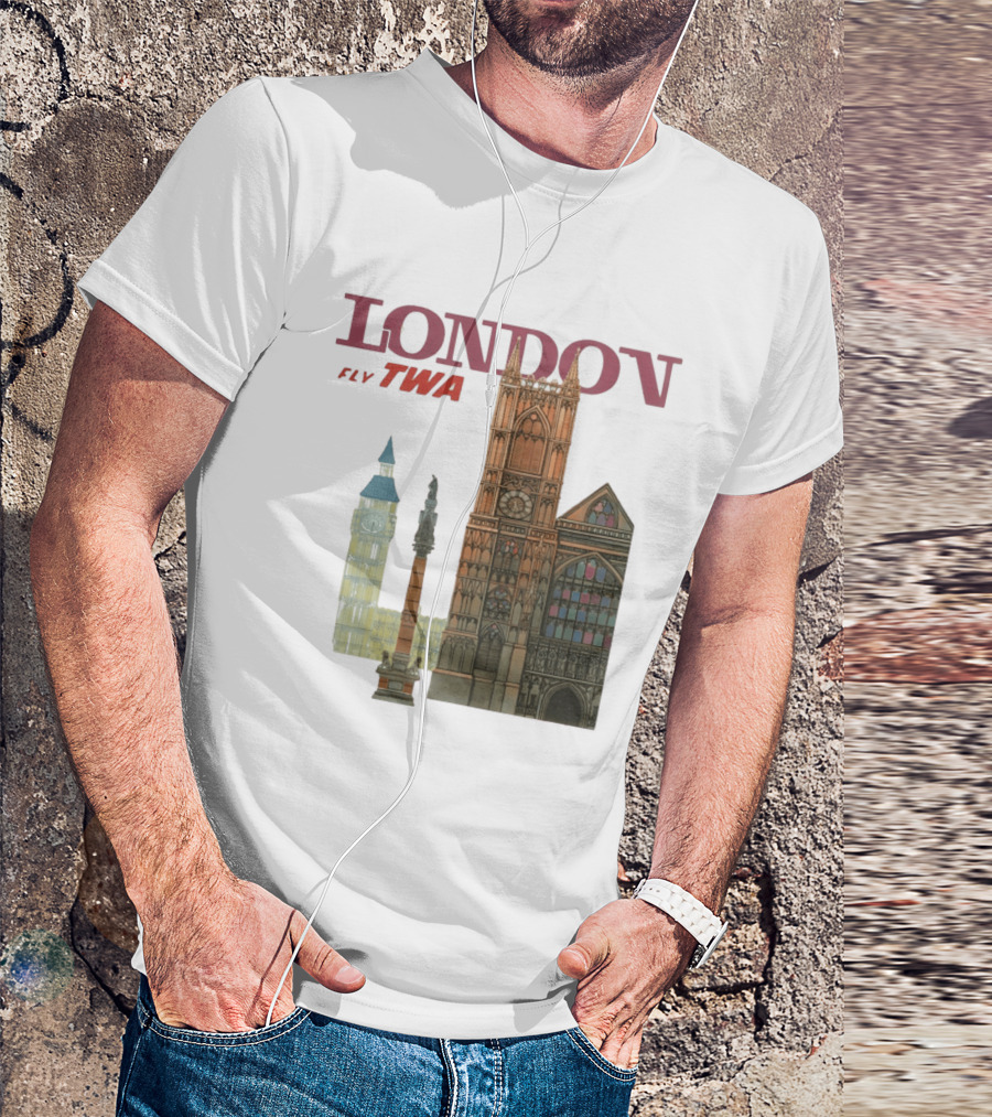 London Fly TWA Travel Big Ben Westminster Abbey Landmark T-Shirt