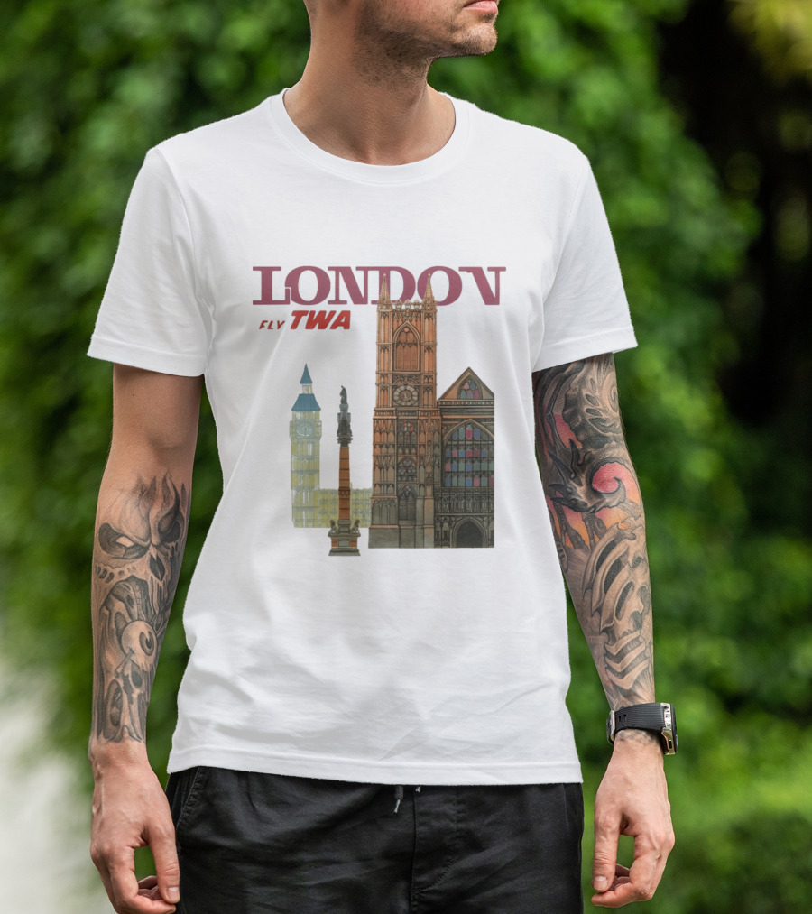 London Fly TWA Travel Big Ben Westminster Abbey Landmark T-Shirt