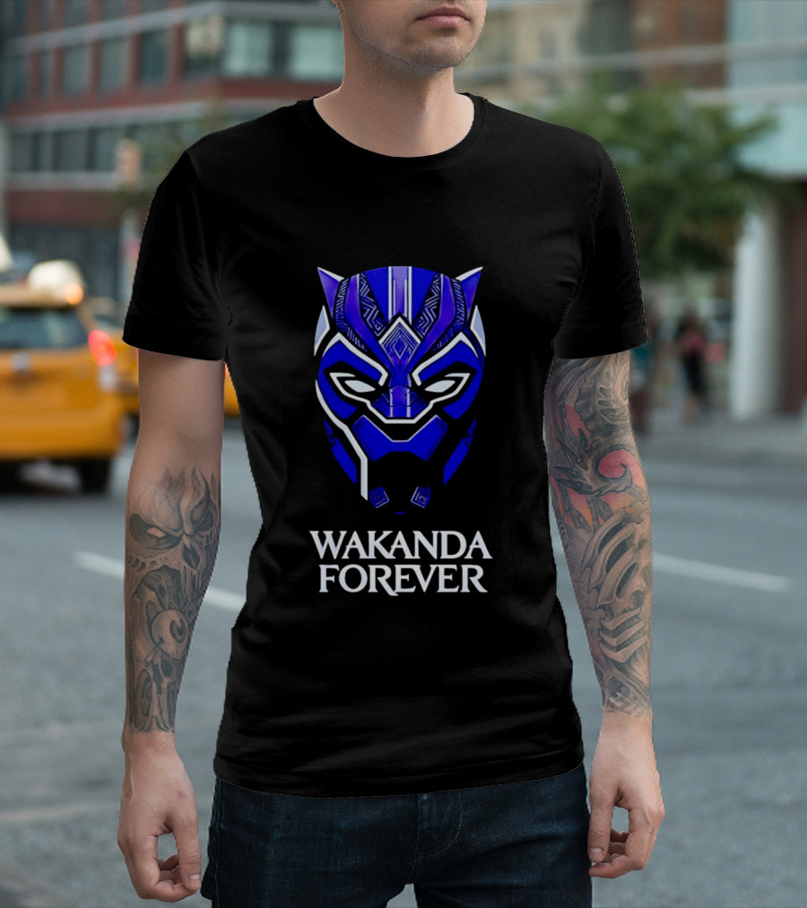 Wakanda Forever Blue Black Panther Mask Marvel T-Shirt