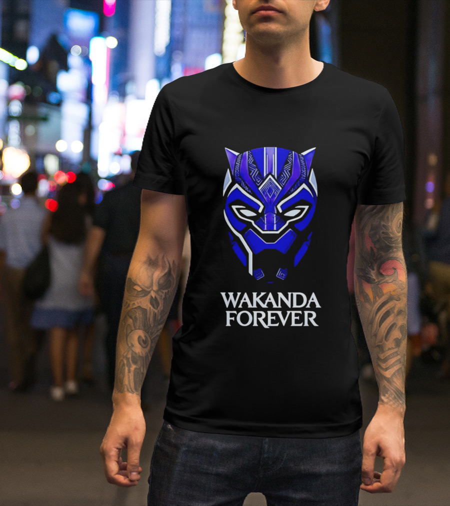 Wakanda Forever Blue Black Panther Mask Marvel T-Shirt