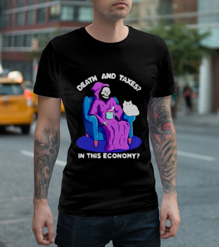Death And Taxes Grim Reaper With Cat In This Economy T-Shirt