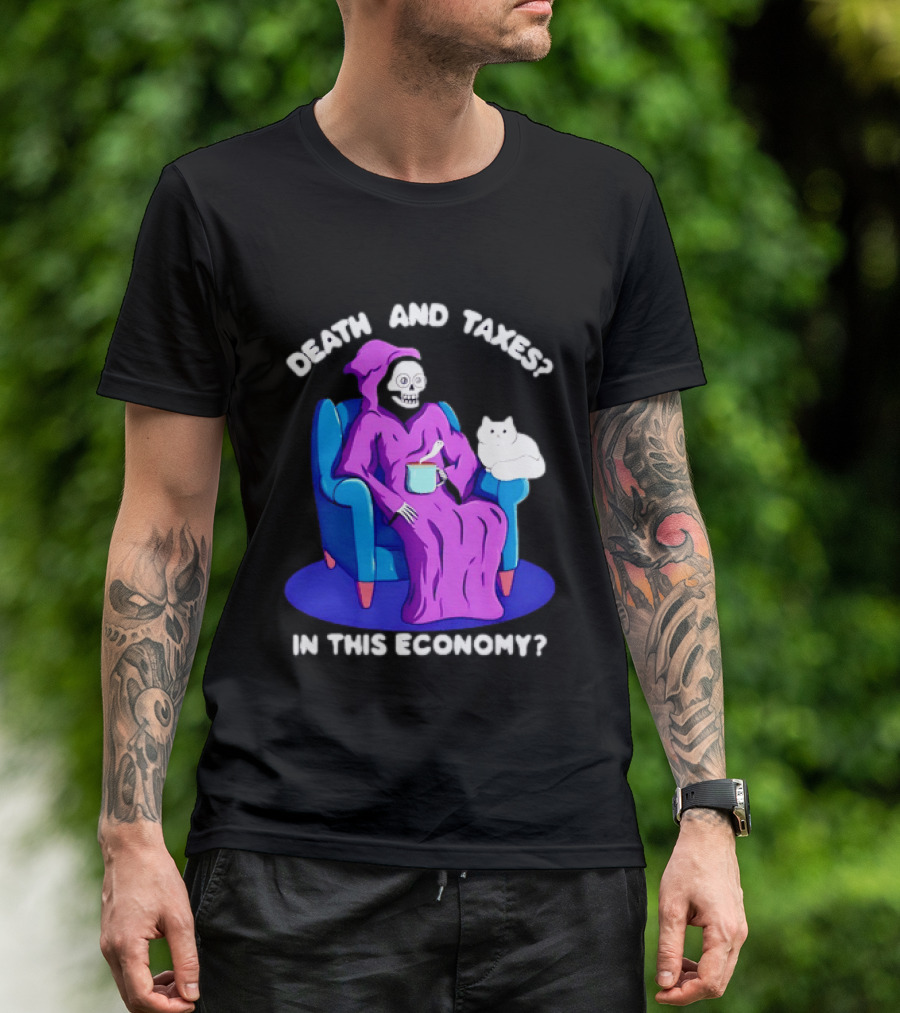 Death And Taxes Grim Reaper With Cat In This Economy T-Shirt