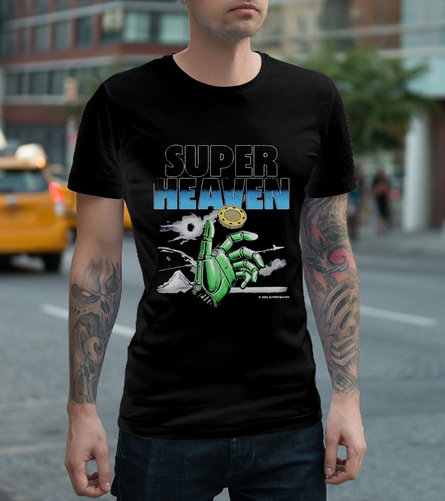Superheaven Robotic Hand Space Adventure Coin And Mountain Scene T-Shirt