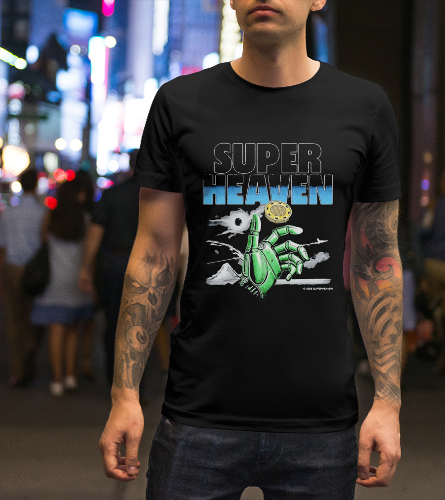 Superheaven Robotic Hand Space Adventure Coin And Mountain Scene T-Shirt