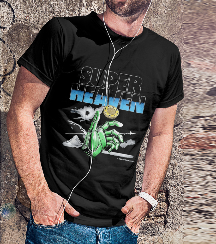 Superheaven Robotic Hand Space Adventure Coin And Mountain Scene T-Shirt