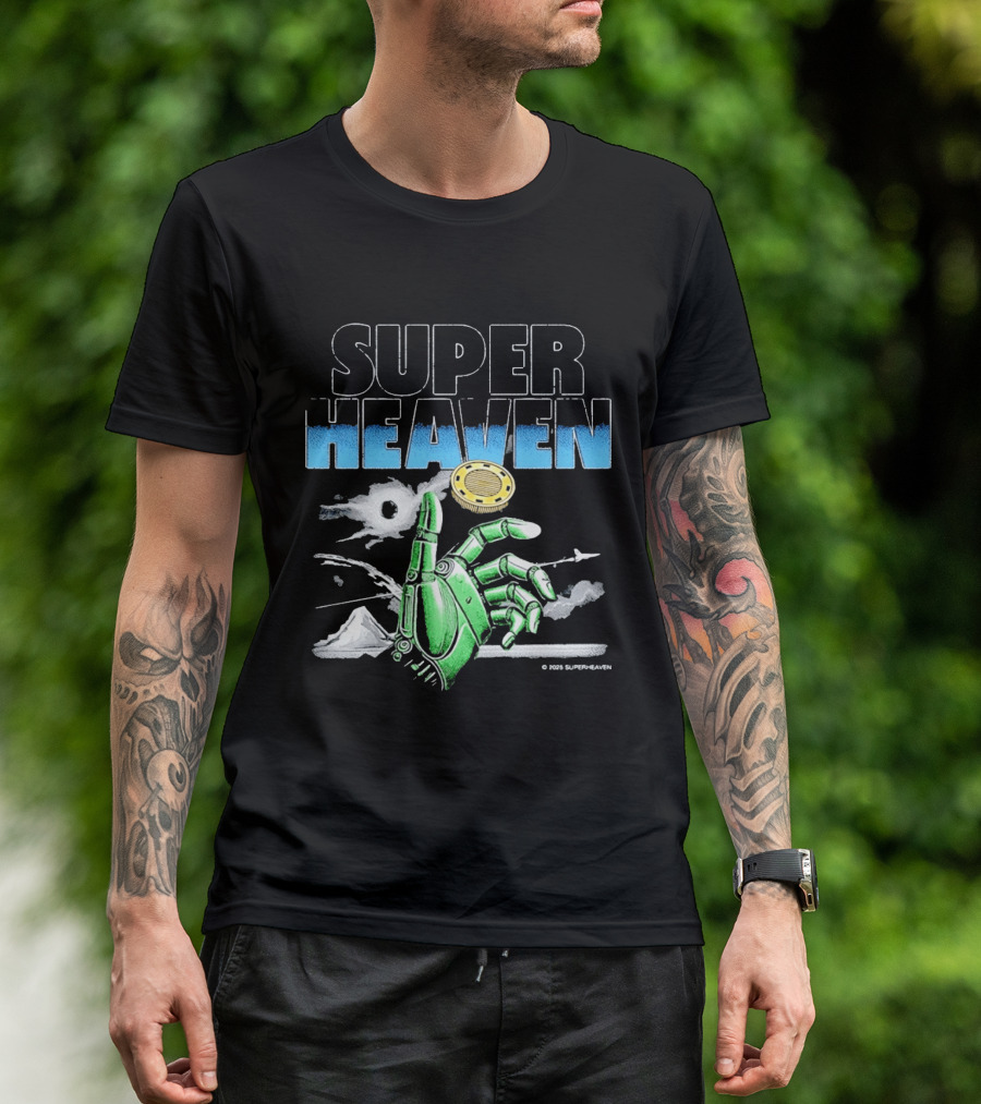 Superheaven Robotic Hand Space Adventure Coin And Mountain Scene T-Shirt