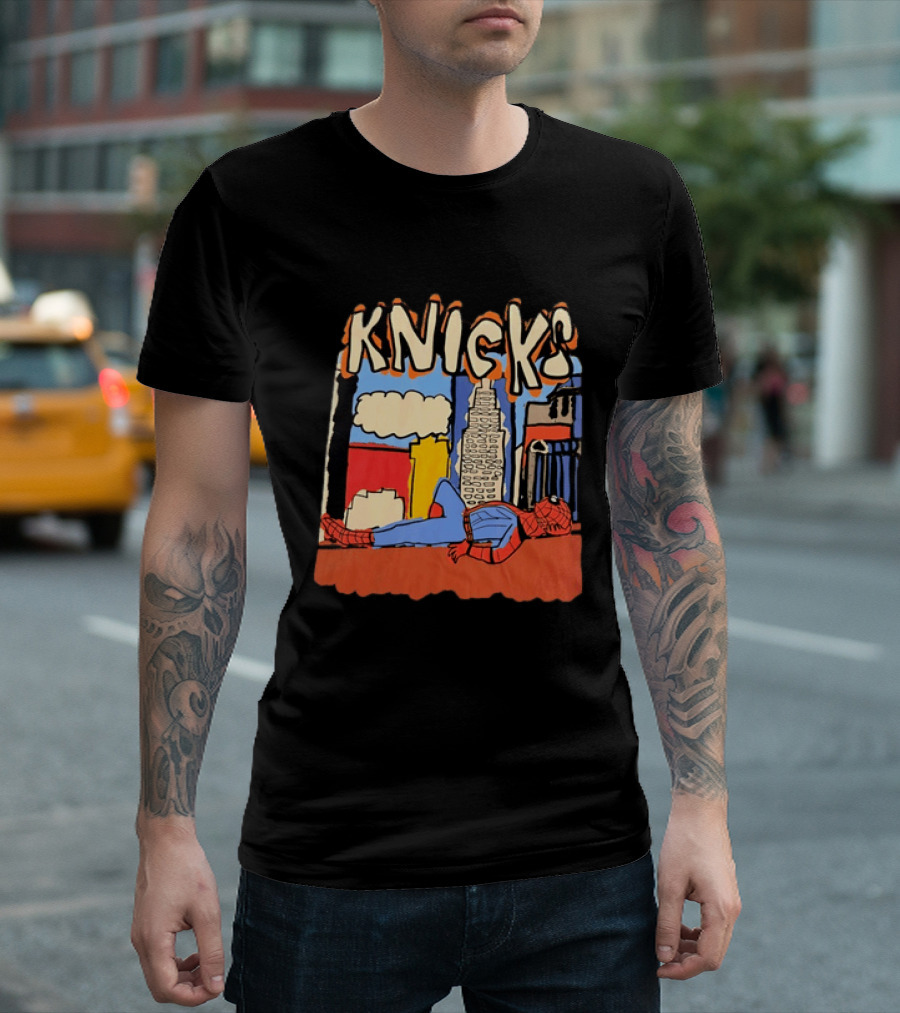 New York Knicks Spiderman Marvel NBA Basketball Skyline T-Shirt