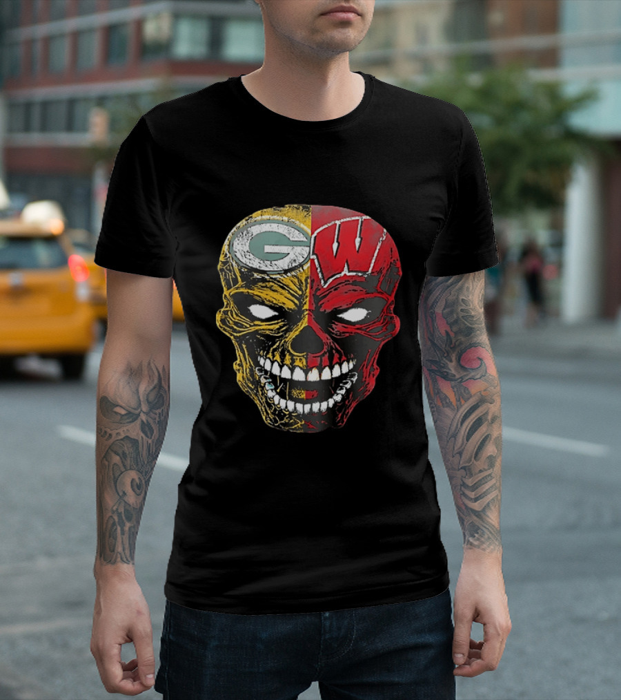 Wisconsin Green Bay Packers Badgers G W Skull Black T-Shirt
