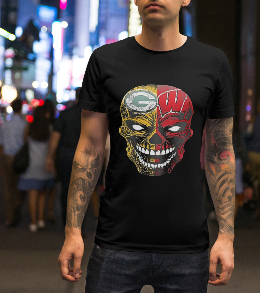 Wisconsin Green Bay Packers Badgers G W Skull Black T-Shirt