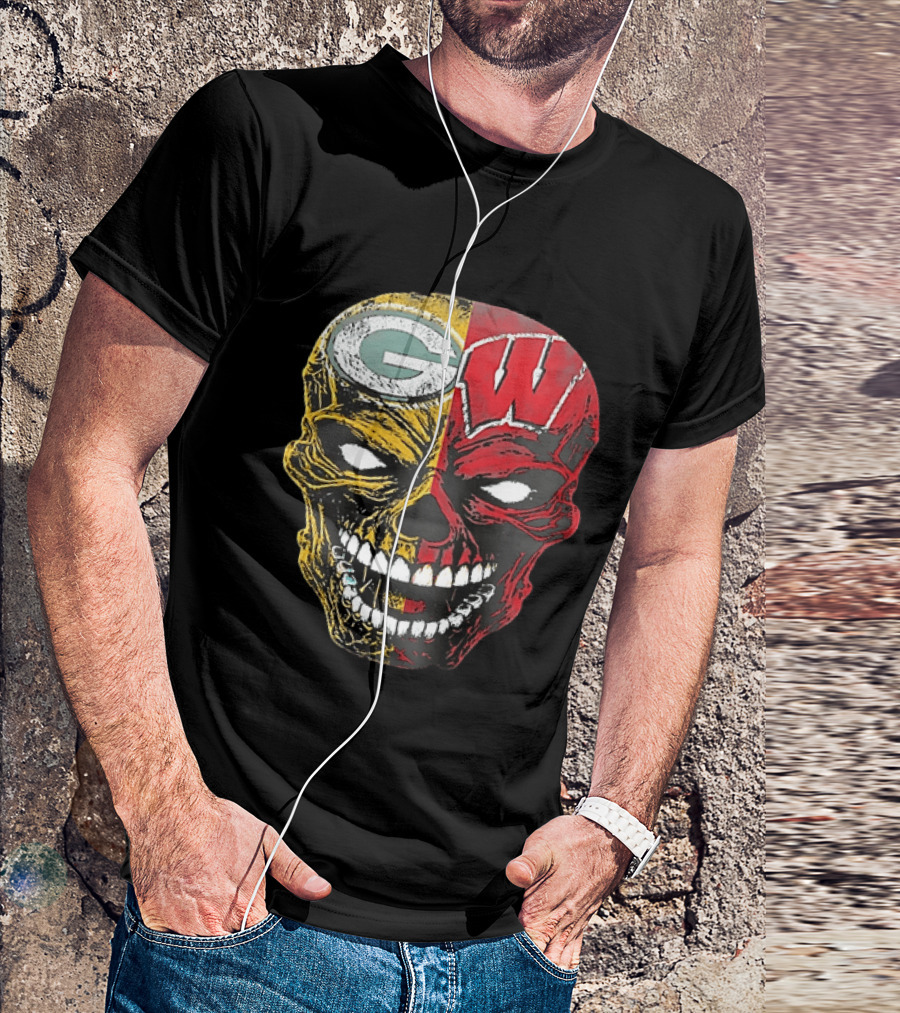 Wisconsin Green Bay Packers Badgers G W Skull Black T-Shirt