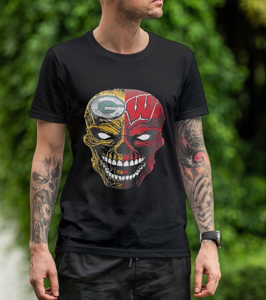 Wisconsin Green Bay Packers Badgers G W Skull Black T-Shirt