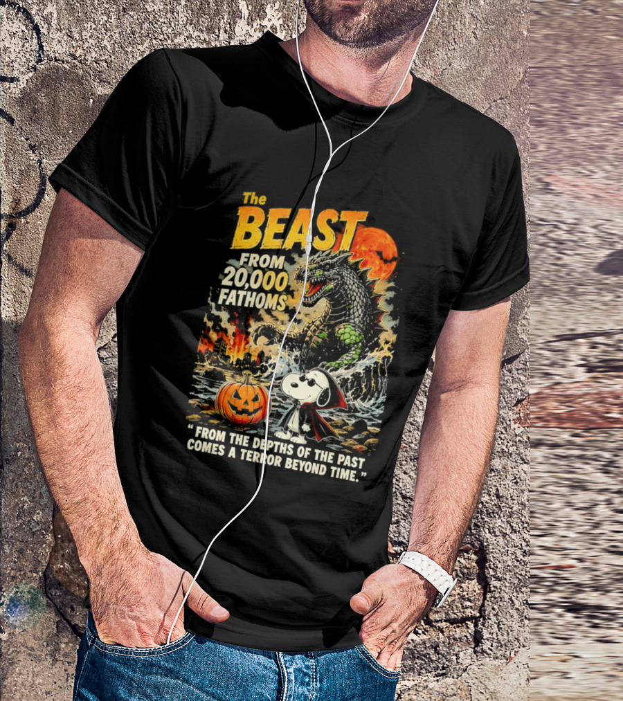 Snoopy And The Beast From 20000 Fathoms Halloween Pumpkin Terror T-Shirt
