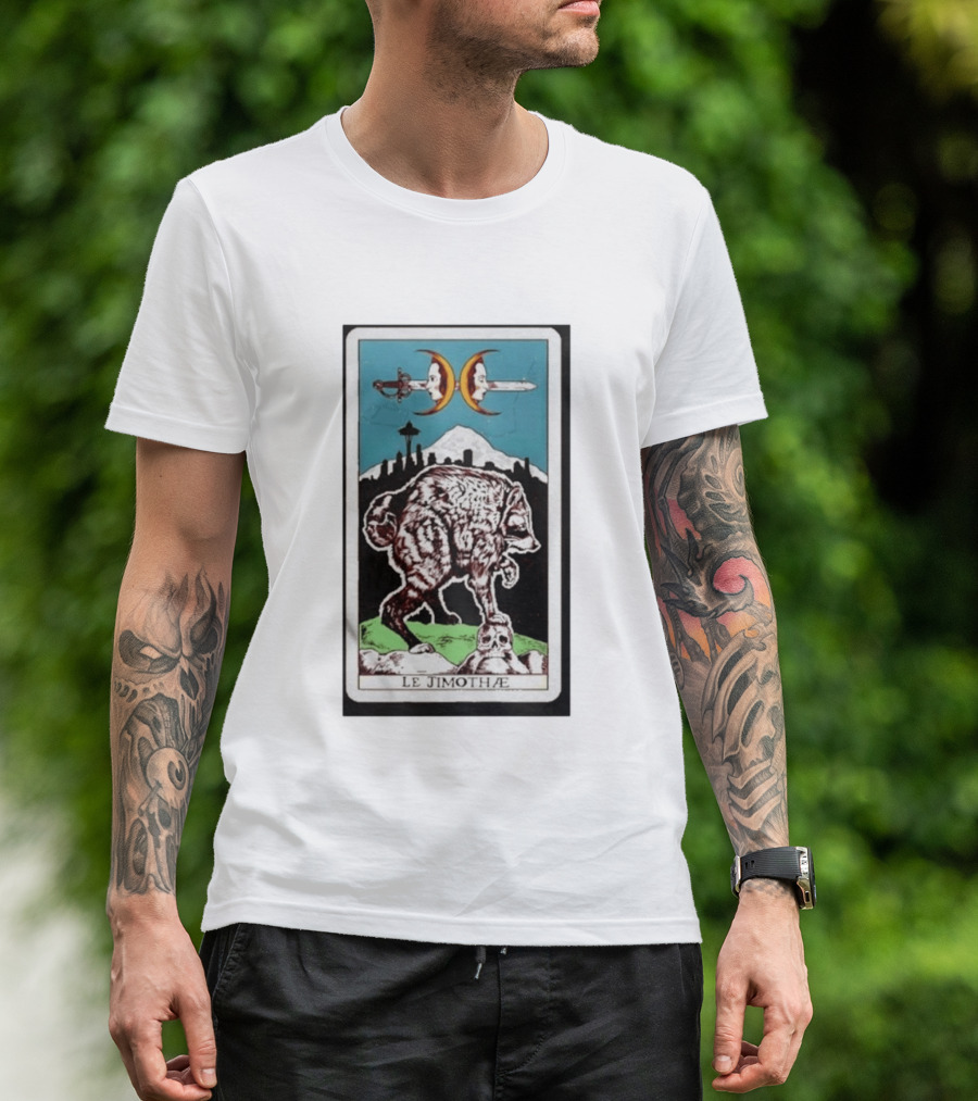 Le Jimothae Raccoon Tarot Seattle Skyline Moon Swords T-Shirt
