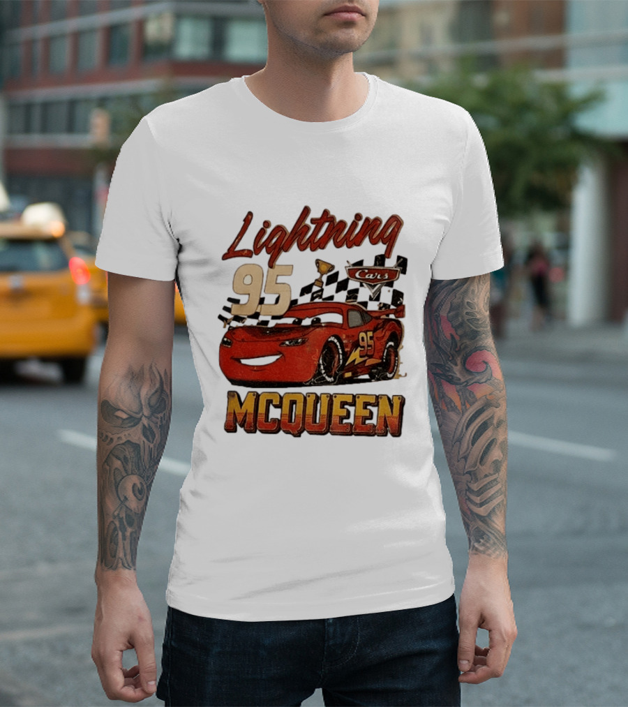Lightning McQueen 95 Cars Trophy Checkered Flags Disney Pixar T-Shirt