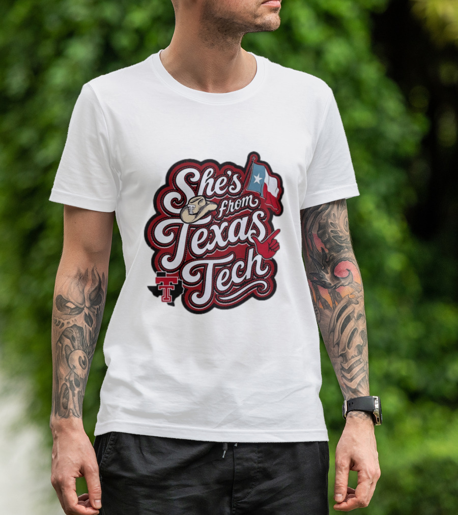 She's From Texas Tech Red Raiders Cowboy Hat Flag T-Shirt