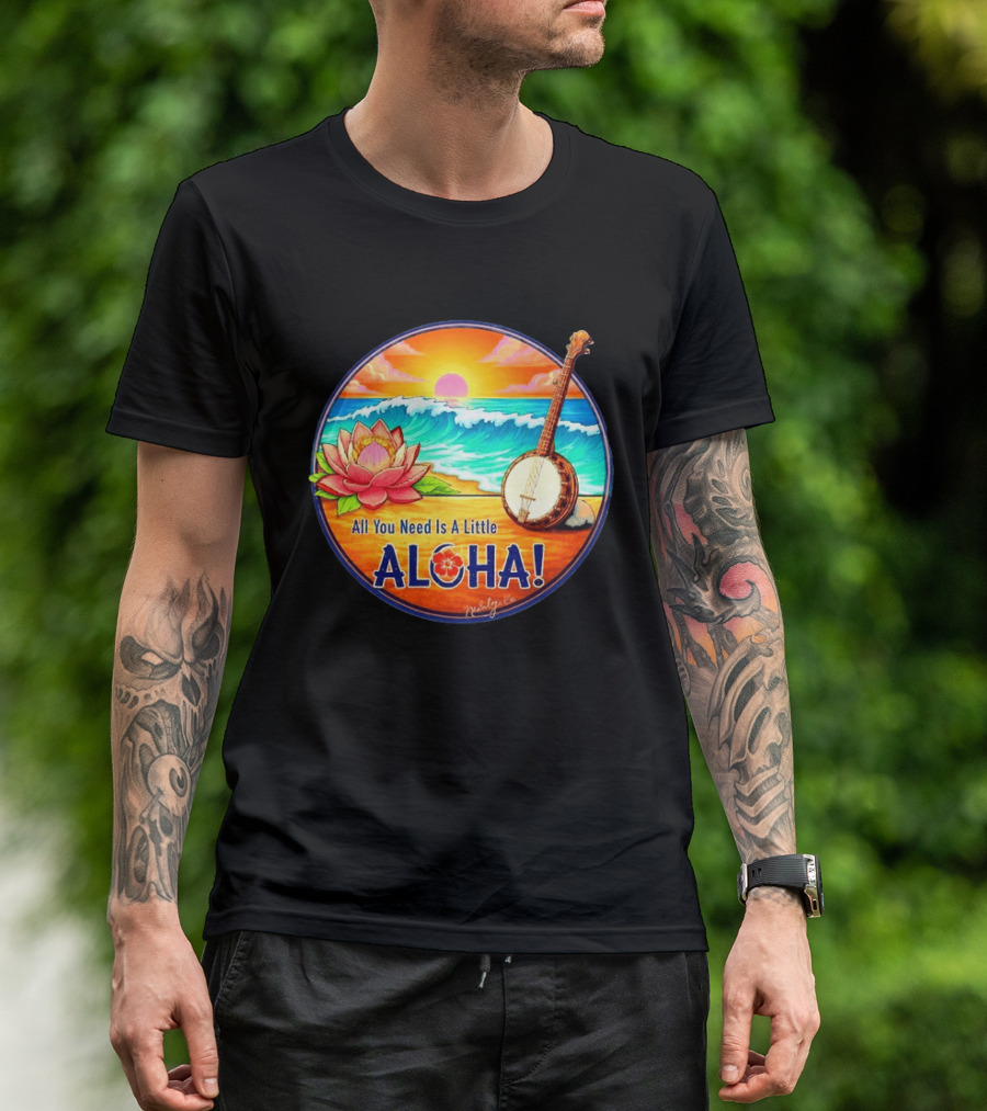 All You Need Is A Little Aloha Lotus Flower Sunset Ocean Banjo T-Shirt