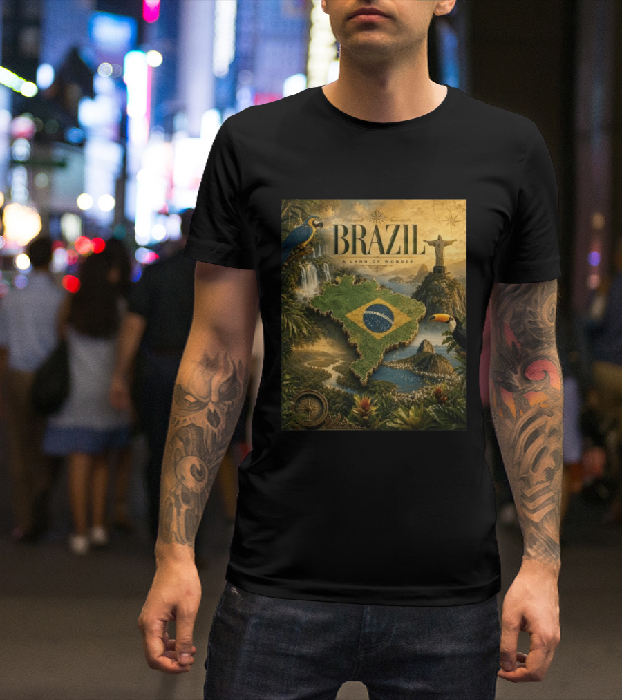 Brazil A Land Of Wonder Ordem E Progresso Christ The Redeemer Amazon Rainforest Toucan Macaw Waterfalls T-Shirt