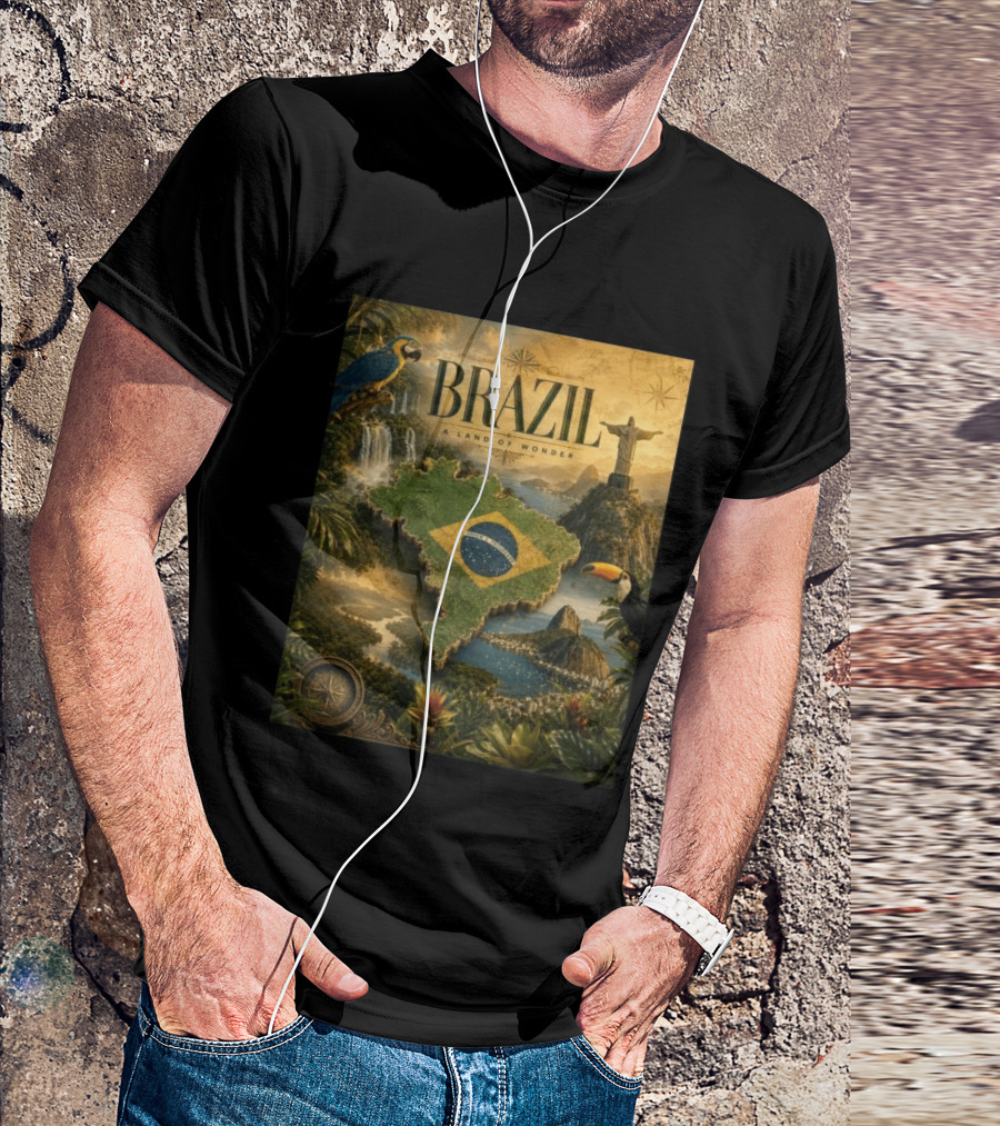 Brazil A Land Of Wonder Ordem E Progresso Christ The Redeemer Amazon Rainforest Toucan Macaw Waterfalls T-Shirt
