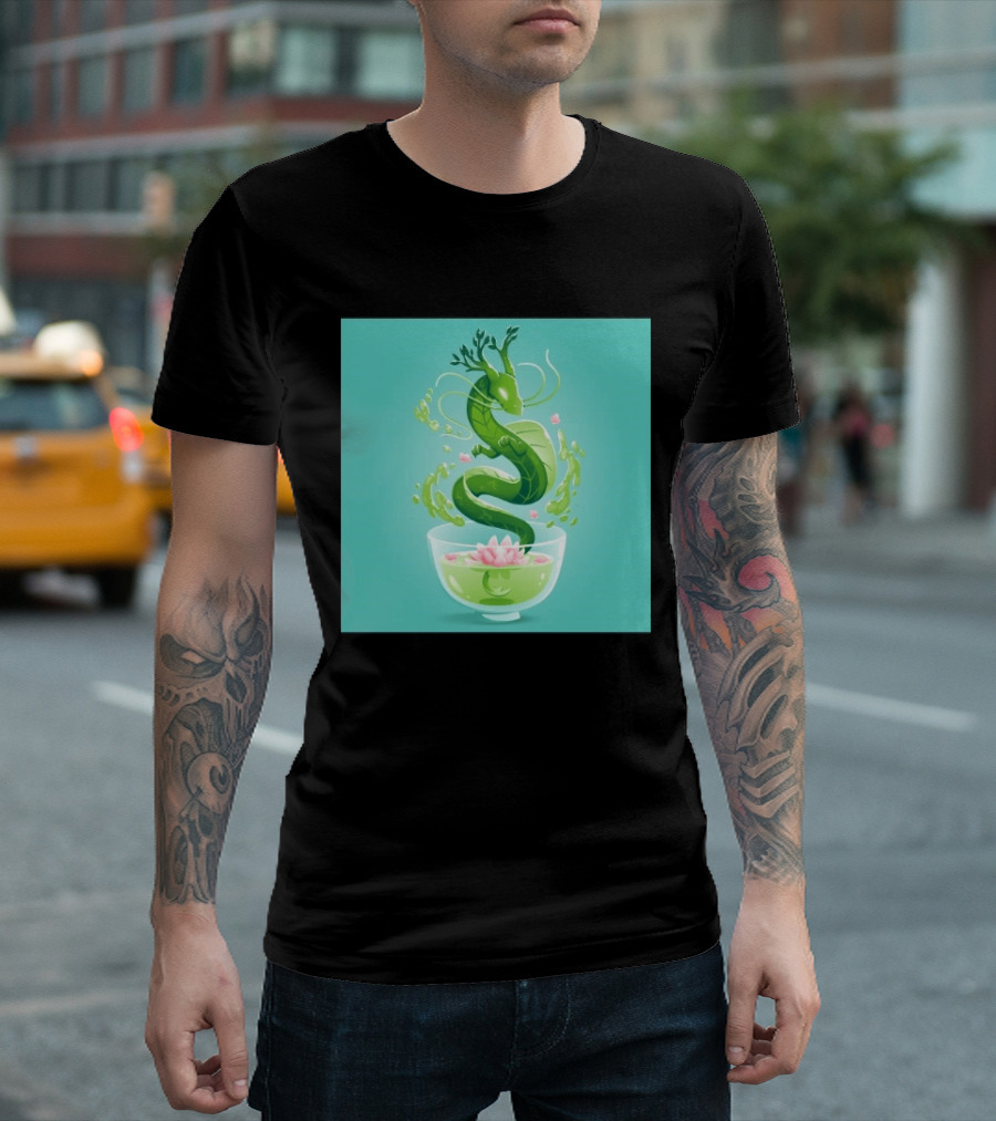 Green Tea Dragon In Teacup With Blossoms And Leaves T-Shirt