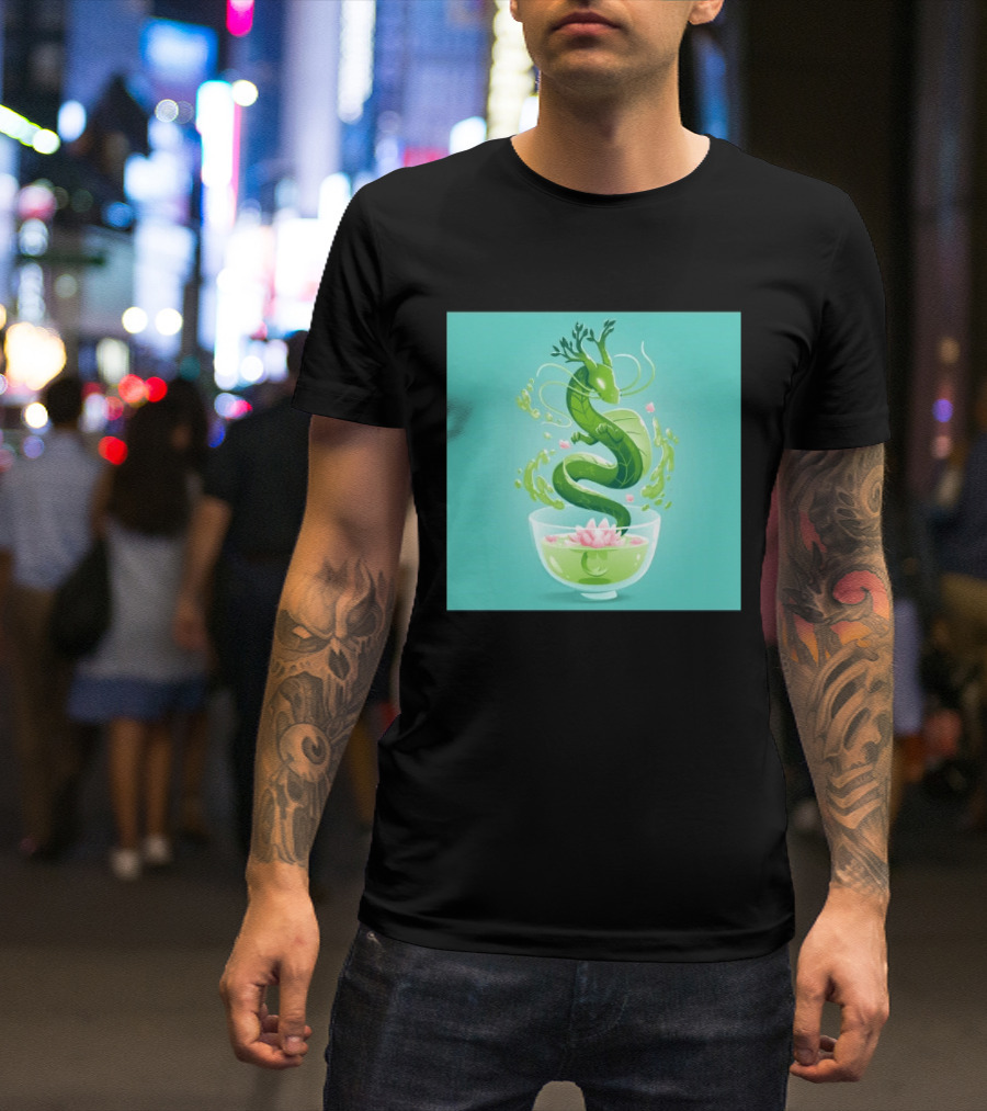 Green Tea Dragon In Teacup With Blossoms And Leaves T-Shirt