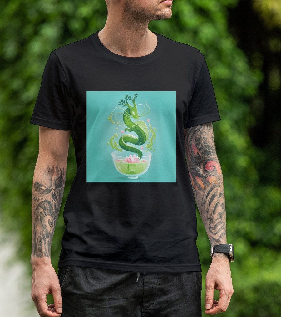 Green Tea Dragon In Teacup With Blossoms And Leaves T-Shirt
