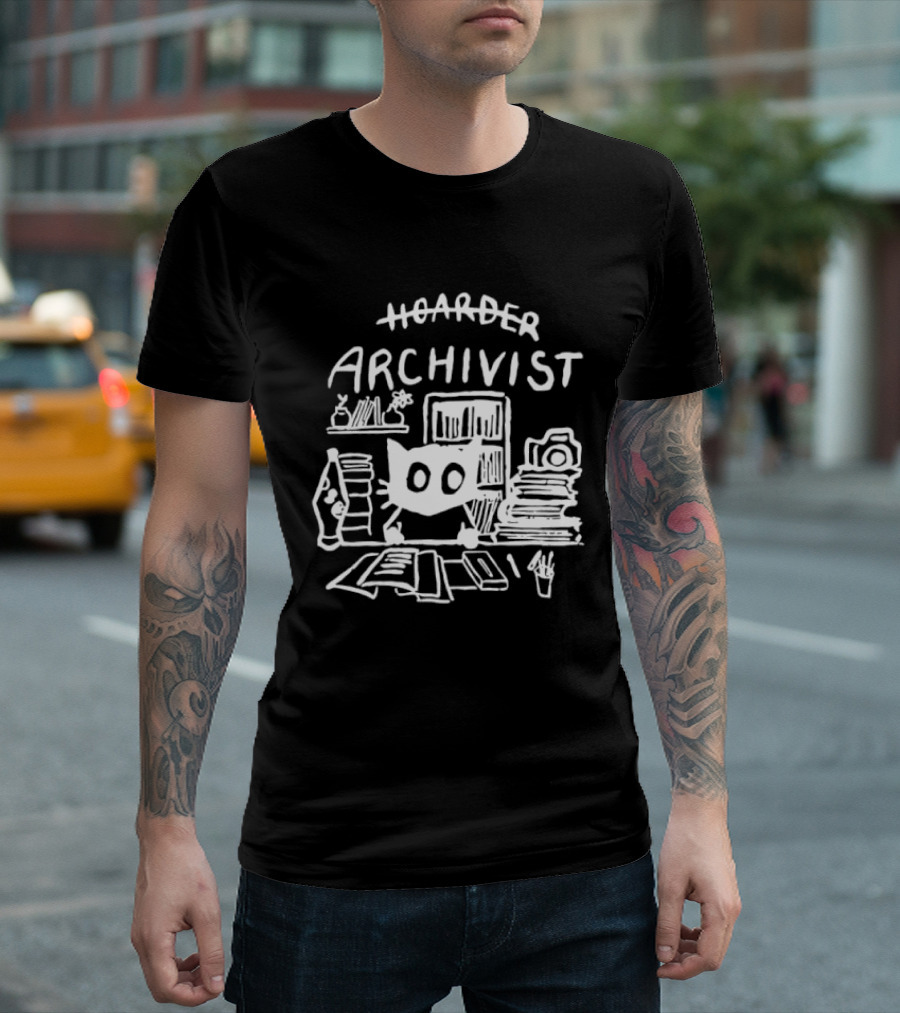 Hoarder Archivist Cat Surrounded By Books And Files T-Shirt