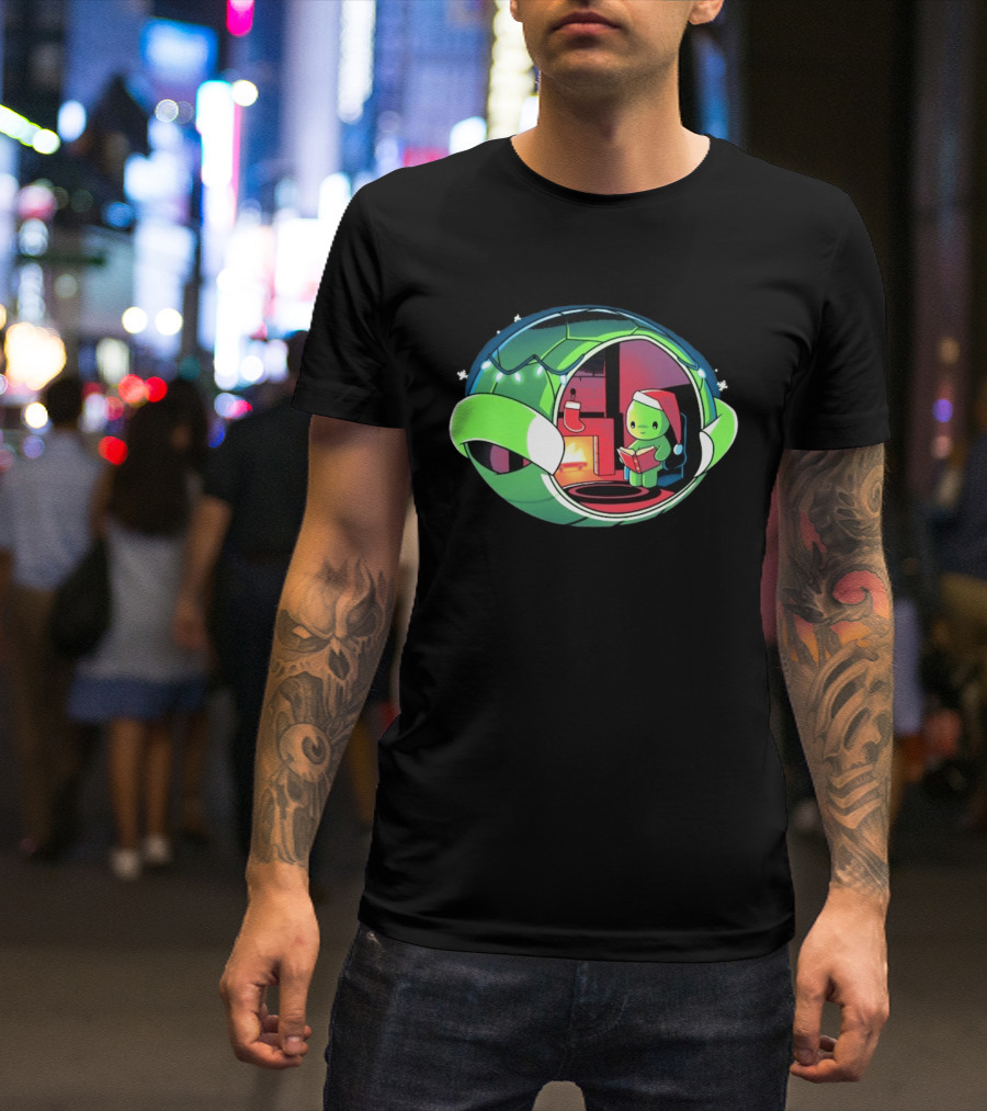 Christmas Turtle Cozy Holiday Scene With Santa Hat And Fireplace T-Shirt