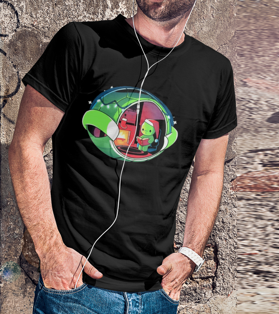 Christmas Turtle Cozy Holiday Scene With Santa Hat And Fireplace T-Shirt