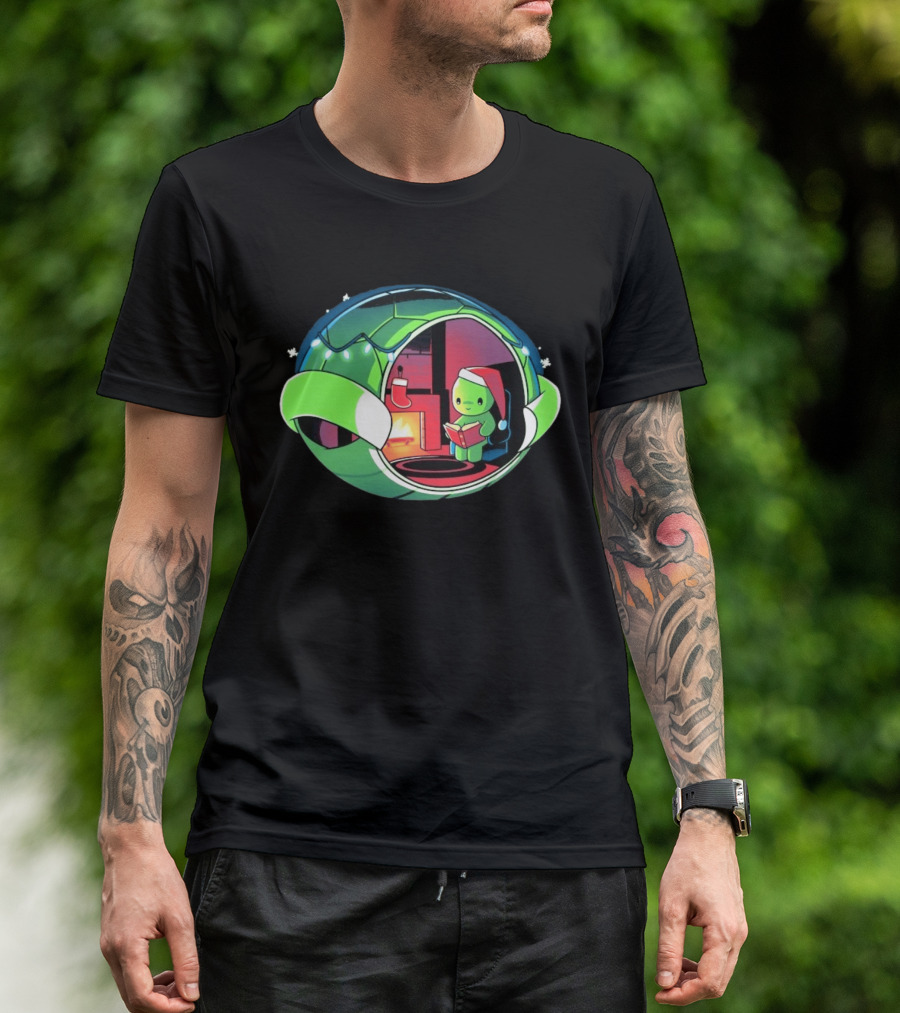 Christmas Turtle Cozy Holiday Scene With Santa Hat And Fireplace T-Shirt