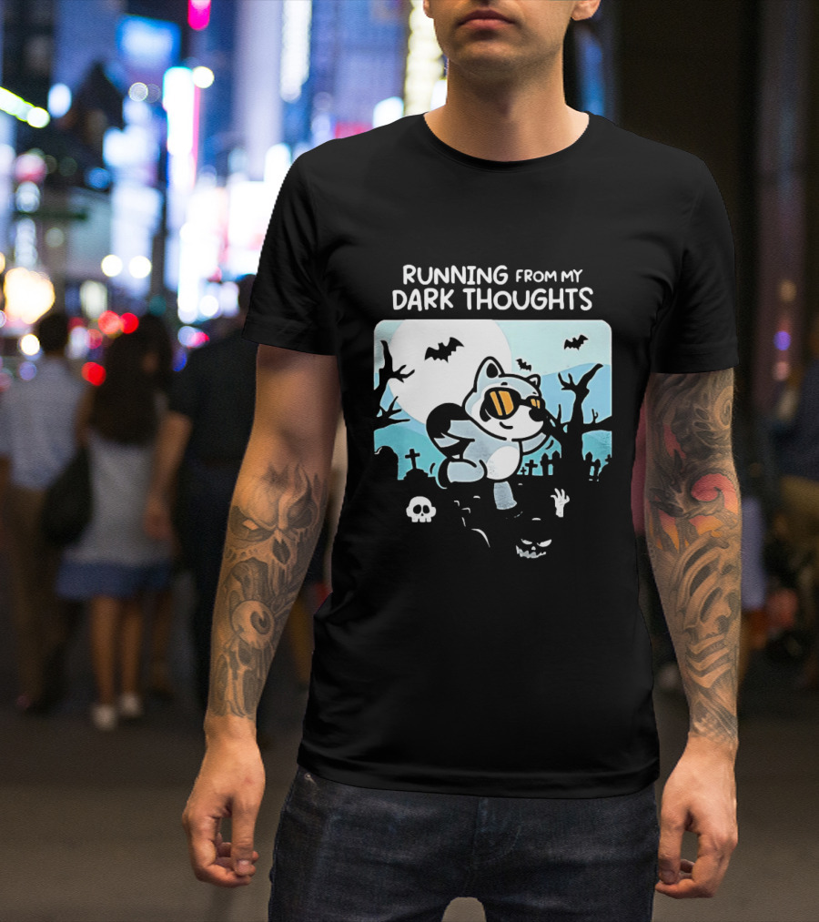 Raccoon Running From My Dark Thoughts Moonlight Bats And Graveyard Scene T-Shirt