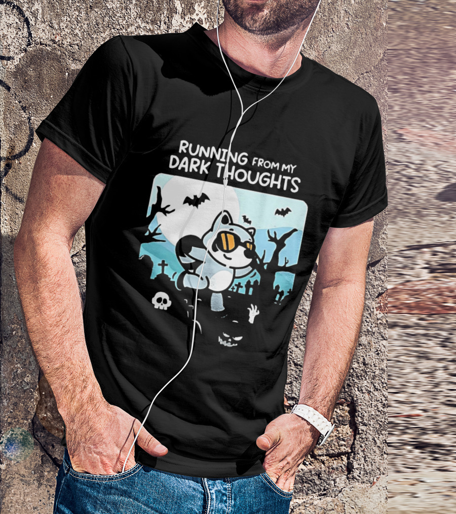 Raccoon Running From My Dark Thoughts Moonlight Bats And Graveyard Scene T-Shirt