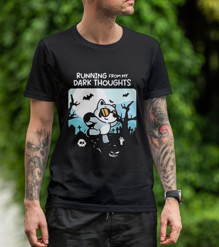 Raccoon Running From My Dark Thoughts Moonlight Bats And Graveyard Scene T-Shirt