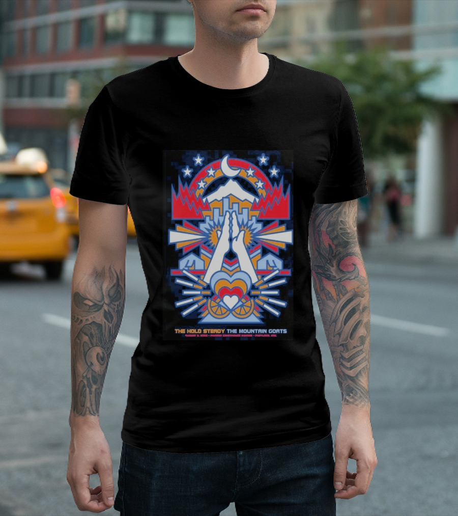The Hold Steady The Mountain Goats Pioneer Courthouse Square Portland August 8 2026 Concert Tour Skyline Heart Hands Stars Moon Mountains T-Shirt