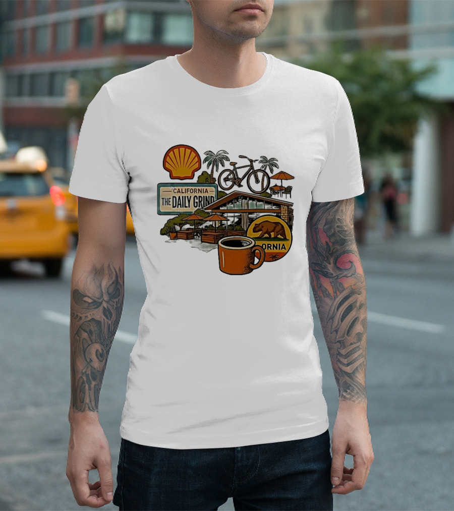 California The Daily Grind Shell Coffee Bear Bike Palms T-Shirt