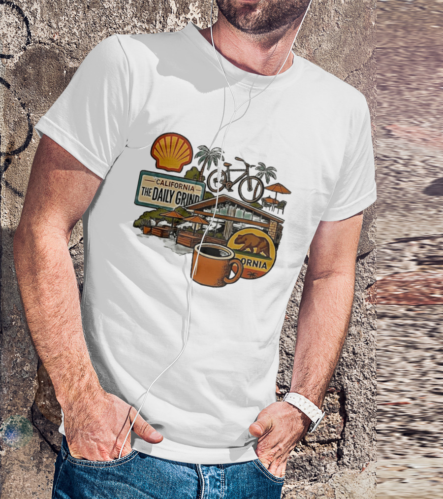 California The Daily Grind Shell Coffee Bear Bike Palms T-Shirt