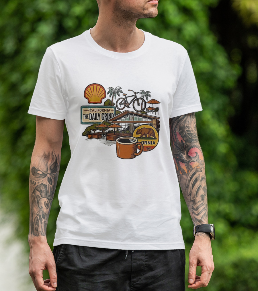 California The Daily Grind Shell Coffee Bear Bike Palms T-Shirt
