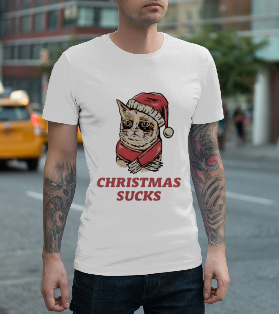 Cat Santa Hat Christmas Sucks Grumpy Humor T-Shirt