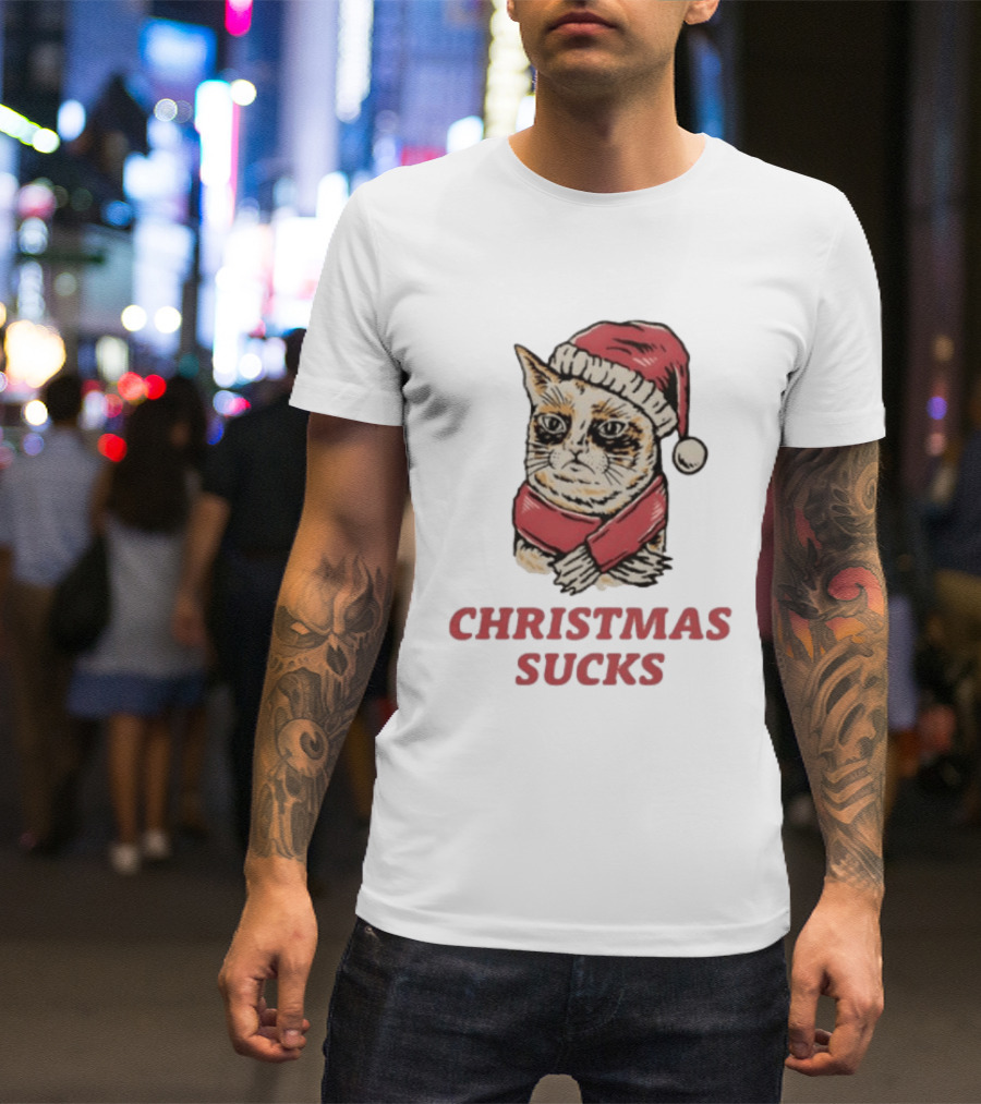 Cat Santa Hat Christmas Sucks Grumpy Humor T-Shirt