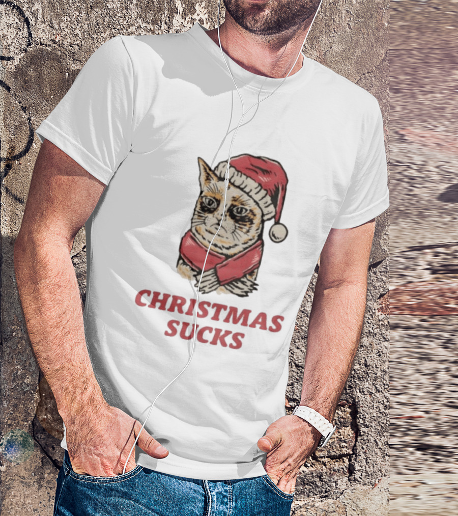 Cat Santa Hat Christmas Sucks Grumpy Humor T-Shirt