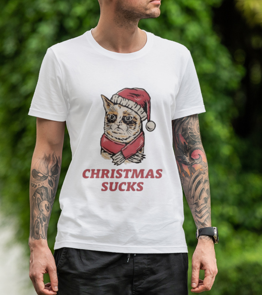 Cat Santa Hat Christmas Sucks Grumpy Humor T-Shirt